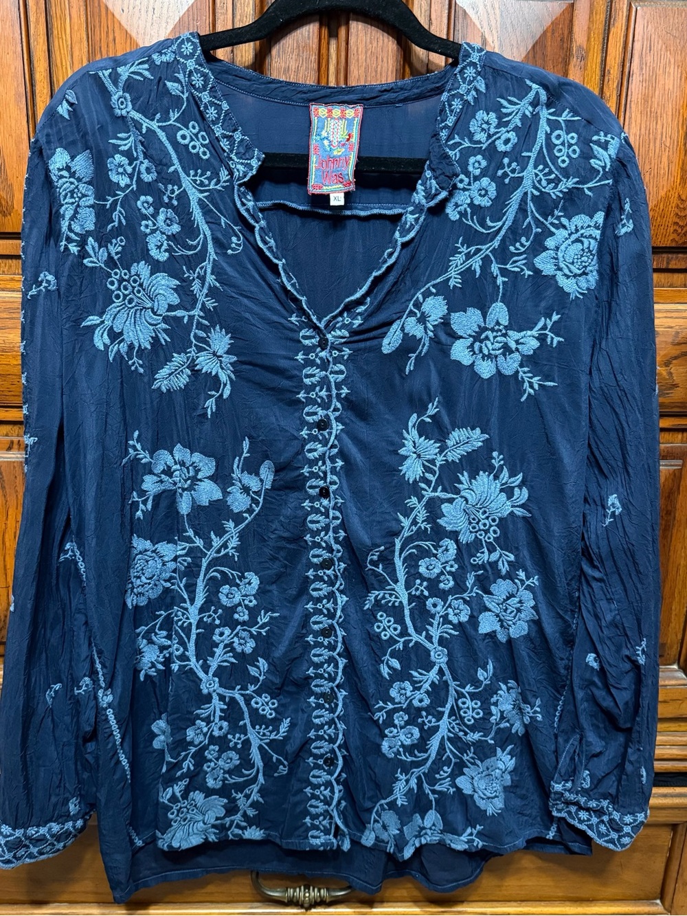 Johnny Was Blue Embroidered Blouse Size XL